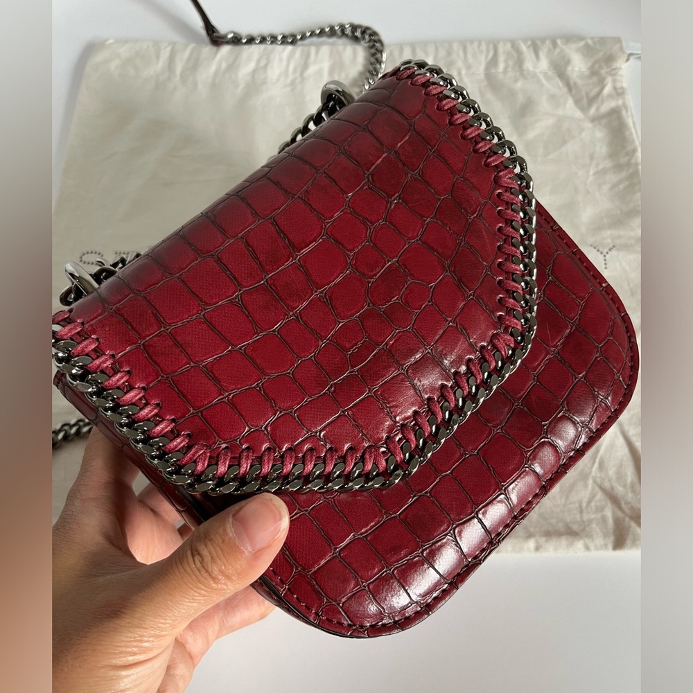 Stella McCartney Embossed Crocodile Effect Falabella Box Shoulder Bag Dark Red - Picture 7 of 14